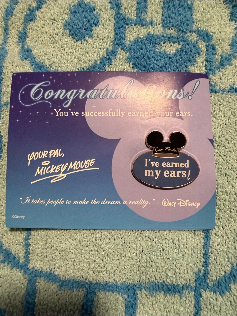 Disney Blue 'I've Earned My Ears!' Enamel Pin Card